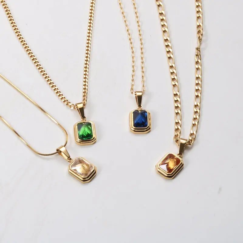 

Stainless Steel Jewelry Red Blue Green Zirconia Pendant Necklace For Women