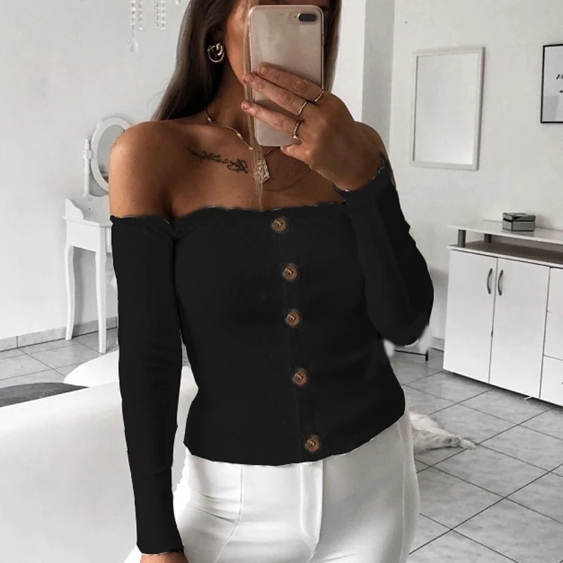 Женский топ с открытыми плечами длинным рукавом в полоску на пуговицах реглан