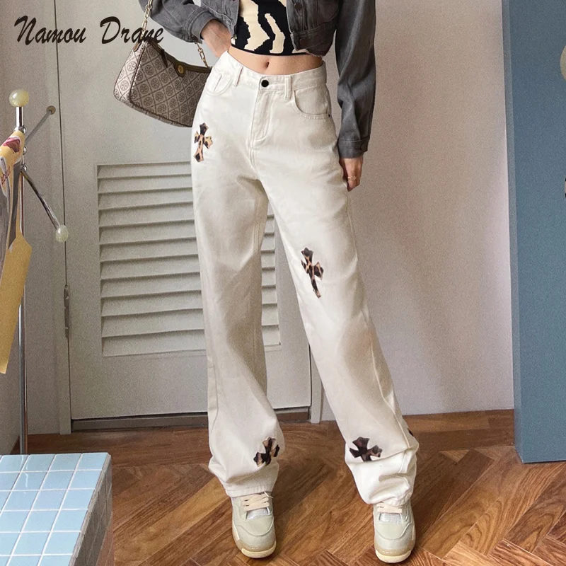 

2021 Autumn New European and American Style High Waist Loose Mopping Wide Leg Pants Women Leopard Print Cross Jeans Trendy