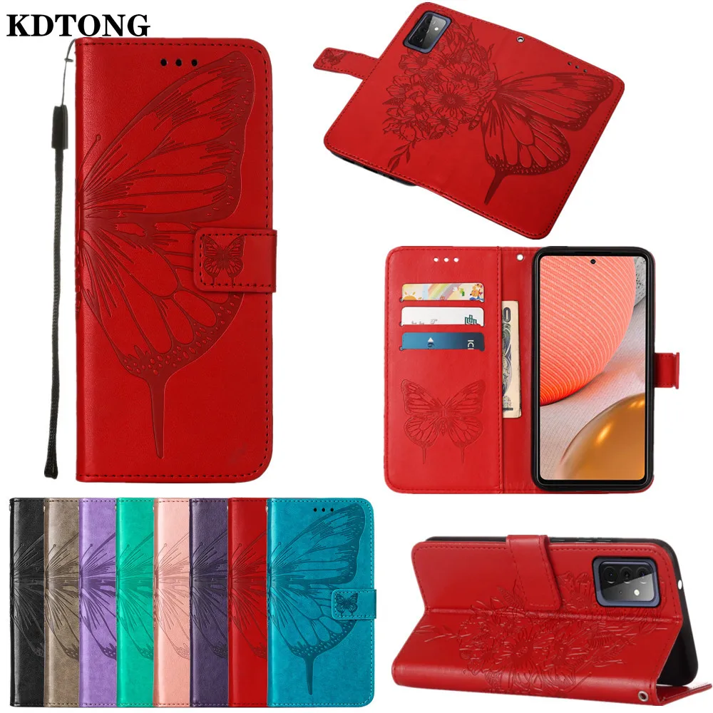 

Wallet Phone Case for Samsung Galaxy S21 FE Ultra Plus A72 A52 4G 5G A02S A12 Capa Embossed Butterfly Flip Leather Protect Cover