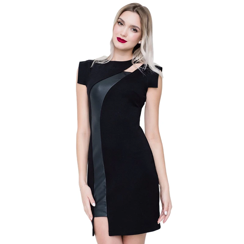 

Women's Black Dress 2021 Spring Summer Robe Simple PU Leather Splicing Large Size Party Office Elegant Black Sexy Mini Dresses