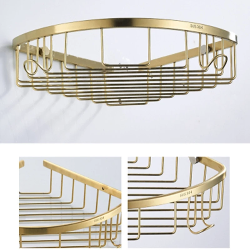 

Bathroom Shelves Brushed Gold Metal Shower Corner Shelf Wall Mount Shampoo Storage Shelf Rack Bathroom Basket Holder