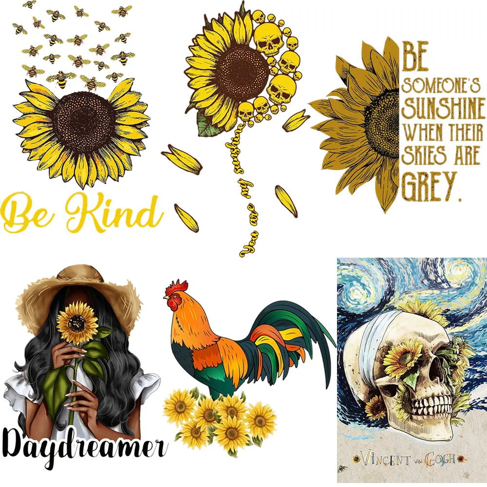 

Sunflower Letters Iron On Patches Van Gogh Skull Heat Transfer Stickers Clothes Stripes Women Thermal Stickers T-Shirt Applique