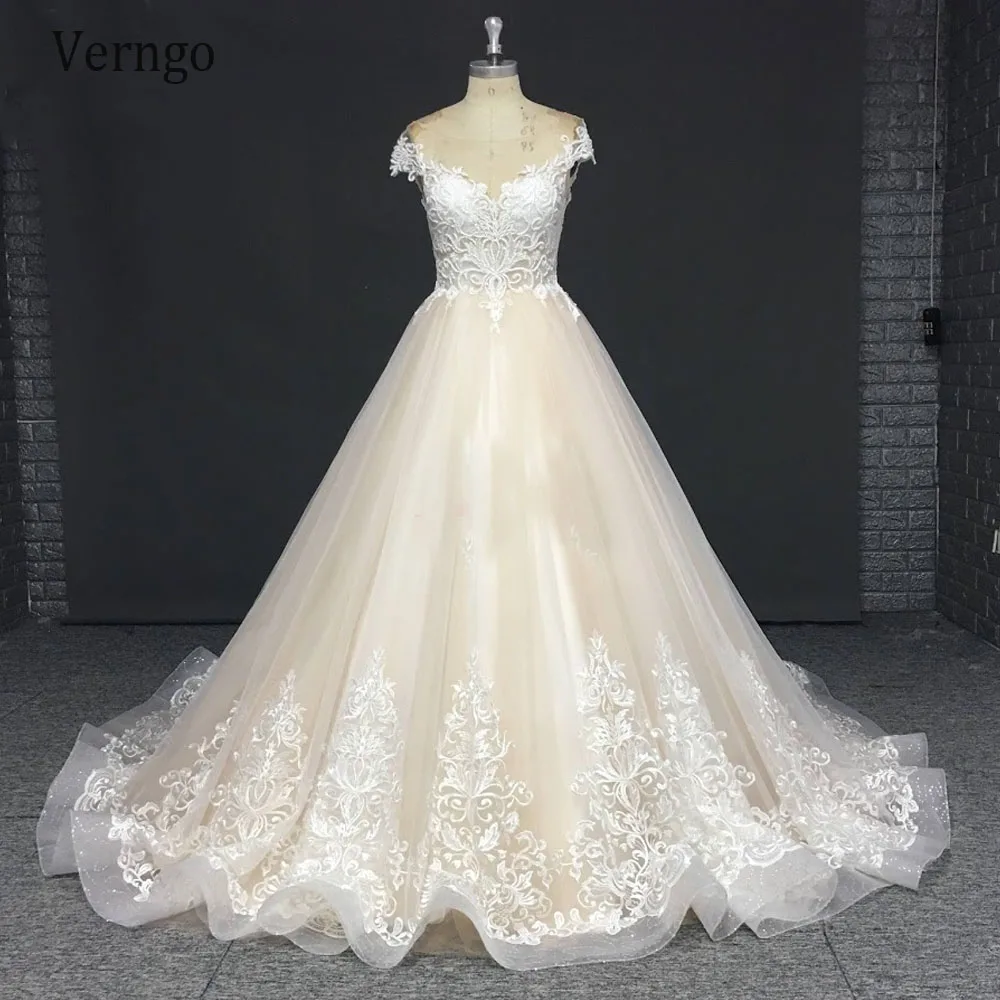 

Verngo Real Sample Champagne Wedding Dress Lace Applique Delicate A Line Bride Gowns Cap Sleeves Sheer Neck Custom Bridal Dress