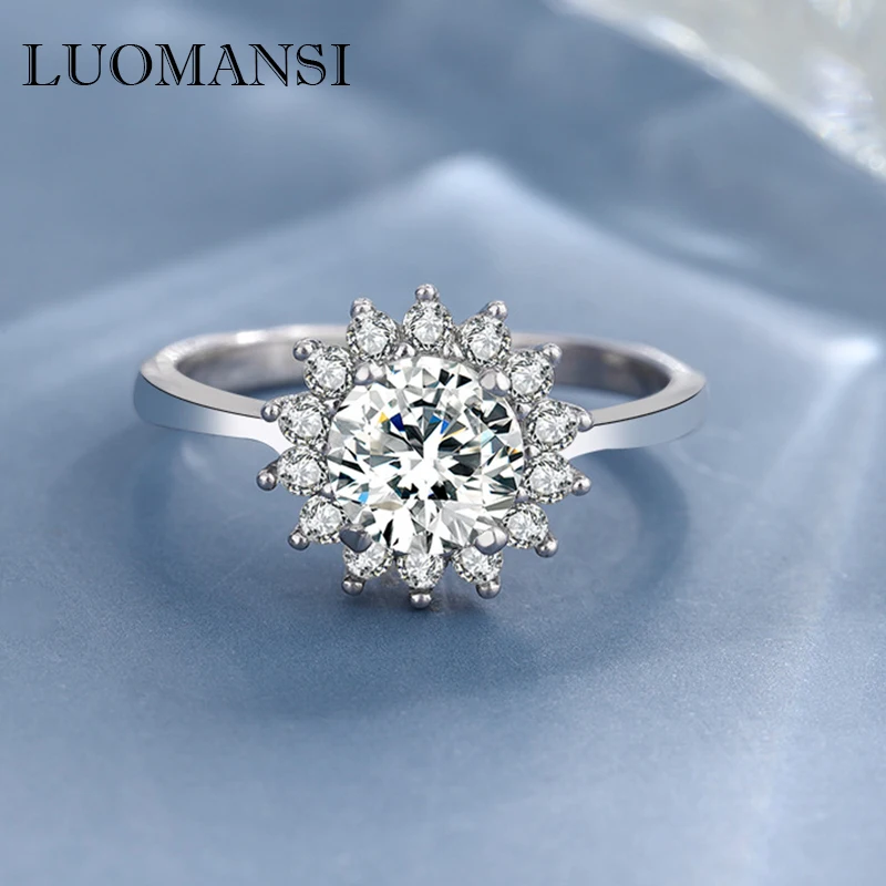 

Luomansi 1CT 6.5MM D Color Moissanite Sunflower Ring with GRA Certificate S925 Silver Jewelry Wedding Party Woman Gift
