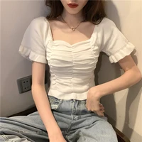 top womens t shirts summer shirt pure color sweet slim ice silk short top harajuku square neck pleated sweater y2k woman tshirt