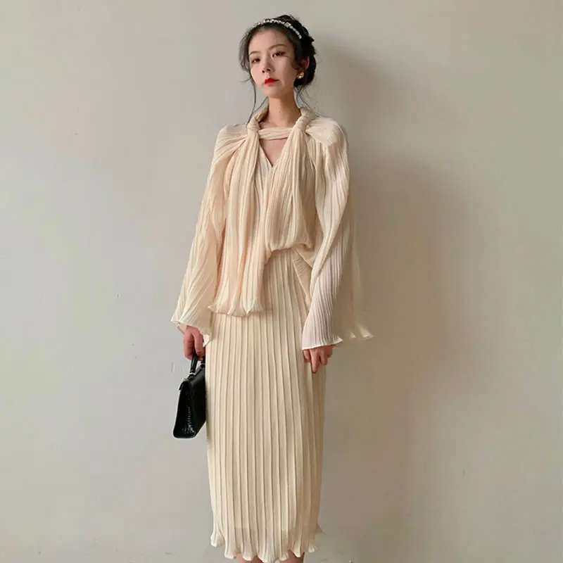 

XITAO Two Piece Set Women Fashion New Women Full Sleeve Goddess Fan Knitted Elastic Waist Loose Elegant Minority WLD6188
