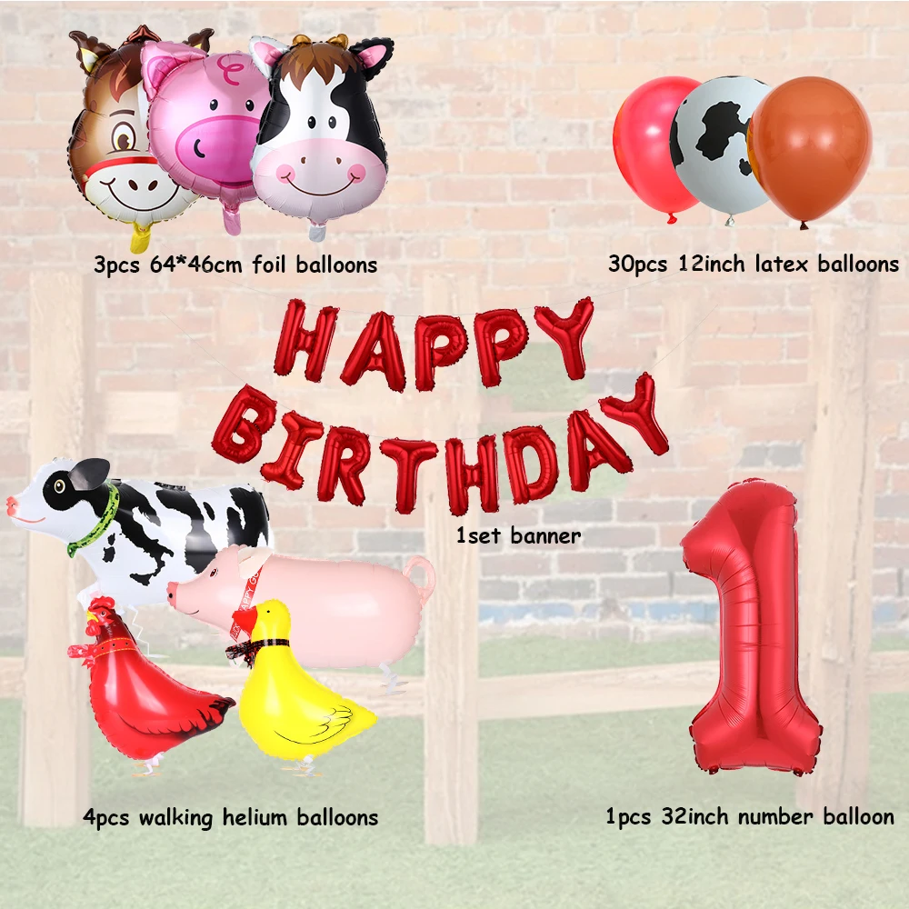 Juego de globos de animales de granja, pancarta de animales de granja para Paseo de cerdo rosa y vaca, suministros de decoraci&oacute;n para fiesta de primer cumplea&ntilde;os, 39 Uds.-1
