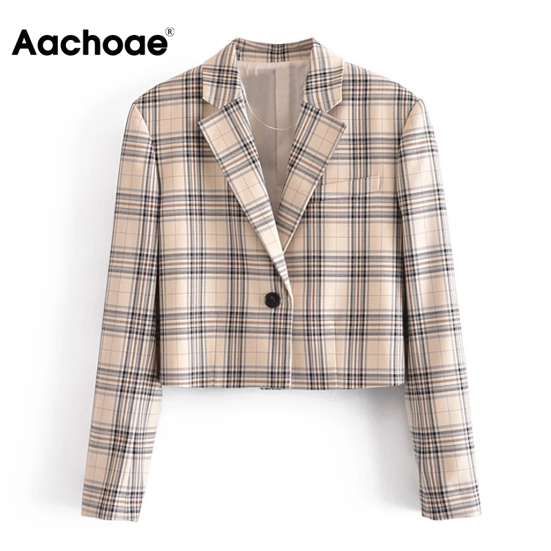 

Винтажный клетчатый укороченный пиджак Aachoae, женская модная куртка с длинным рукавом, пальто, топы с английским воротником, шикарная верхня...