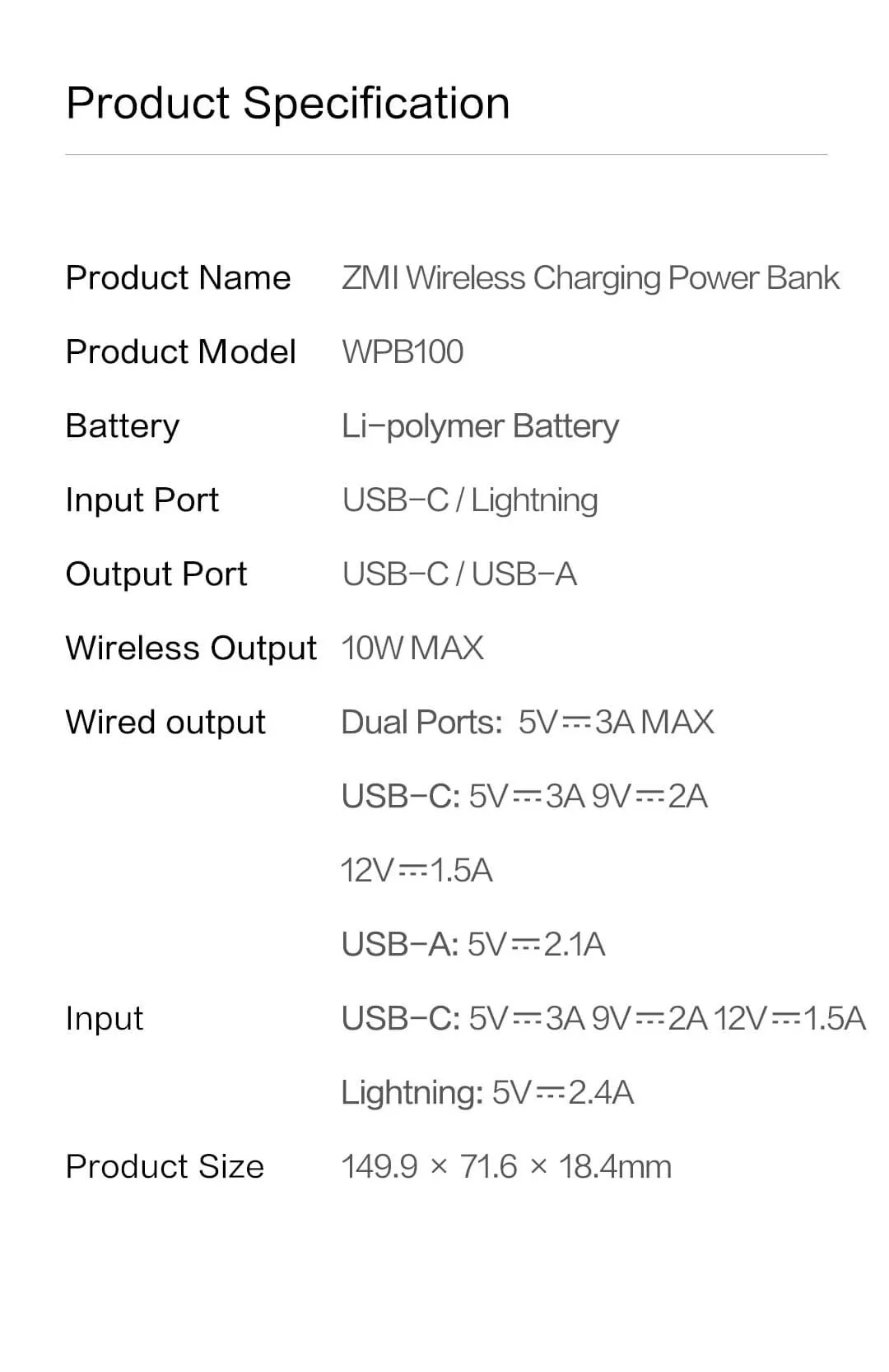 ZMI WPB100, 10000 мА/ч, беспроводной внешний аккумулятор для MFi, для Apple, для зарядки Lightning, двойной USB-C, 18 Вт, Макс., 10 Вт, Макс., Qi сертификат
