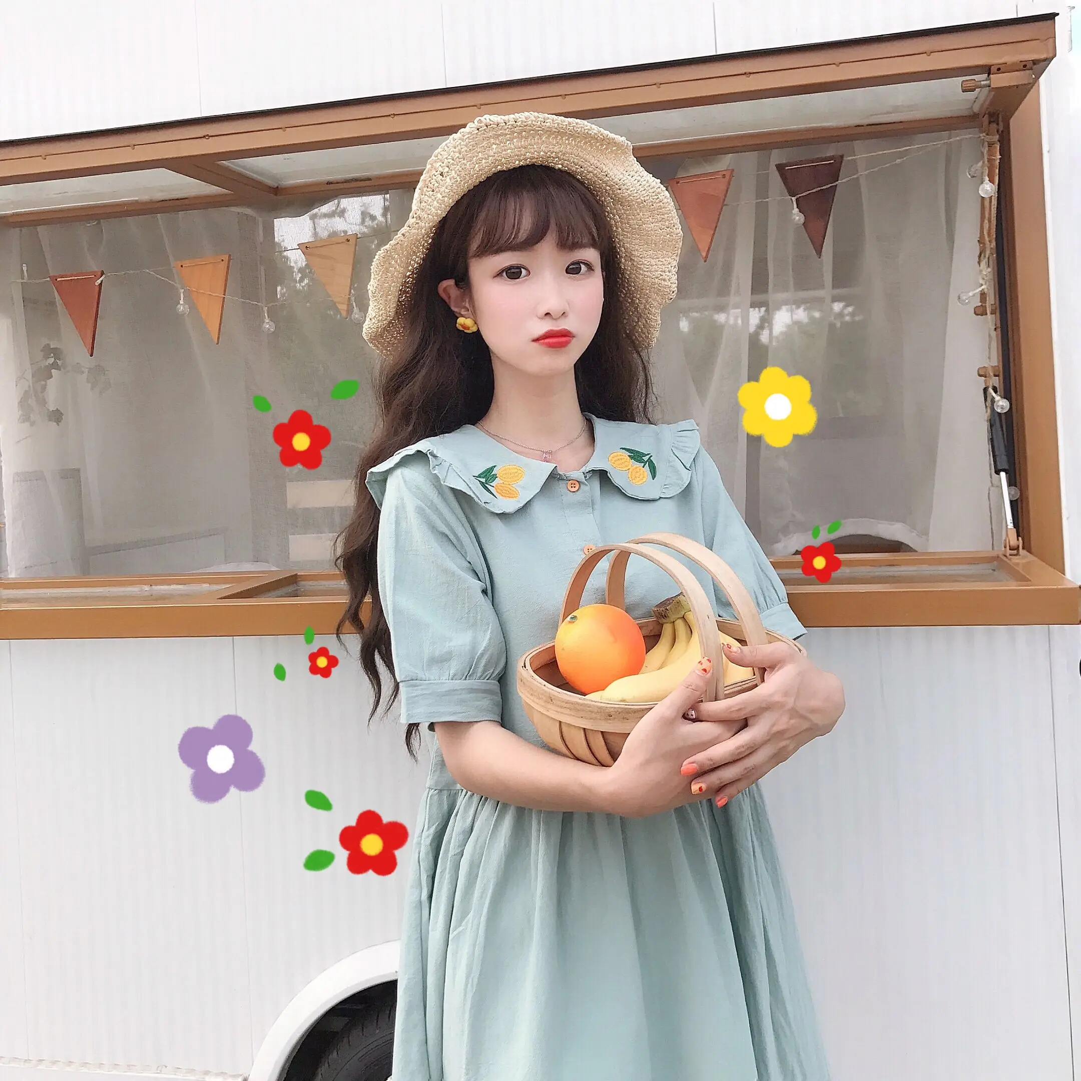 

2020 New Style Student Short-Height Embroidered Hipster Short-Sleeve Dress Mid-Length Summer Fashion sweet lolita dress women