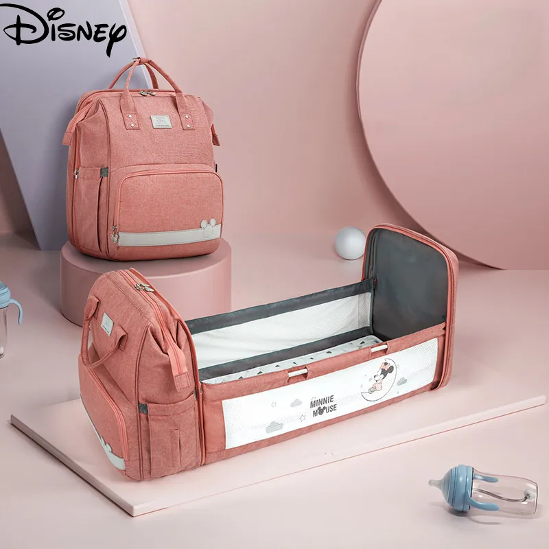 Disney Portable Folding Crib Diaper Bag Multi-Function Large Capacity Baby Backpack Nappy Bag Baby Stroller Organizer Bag