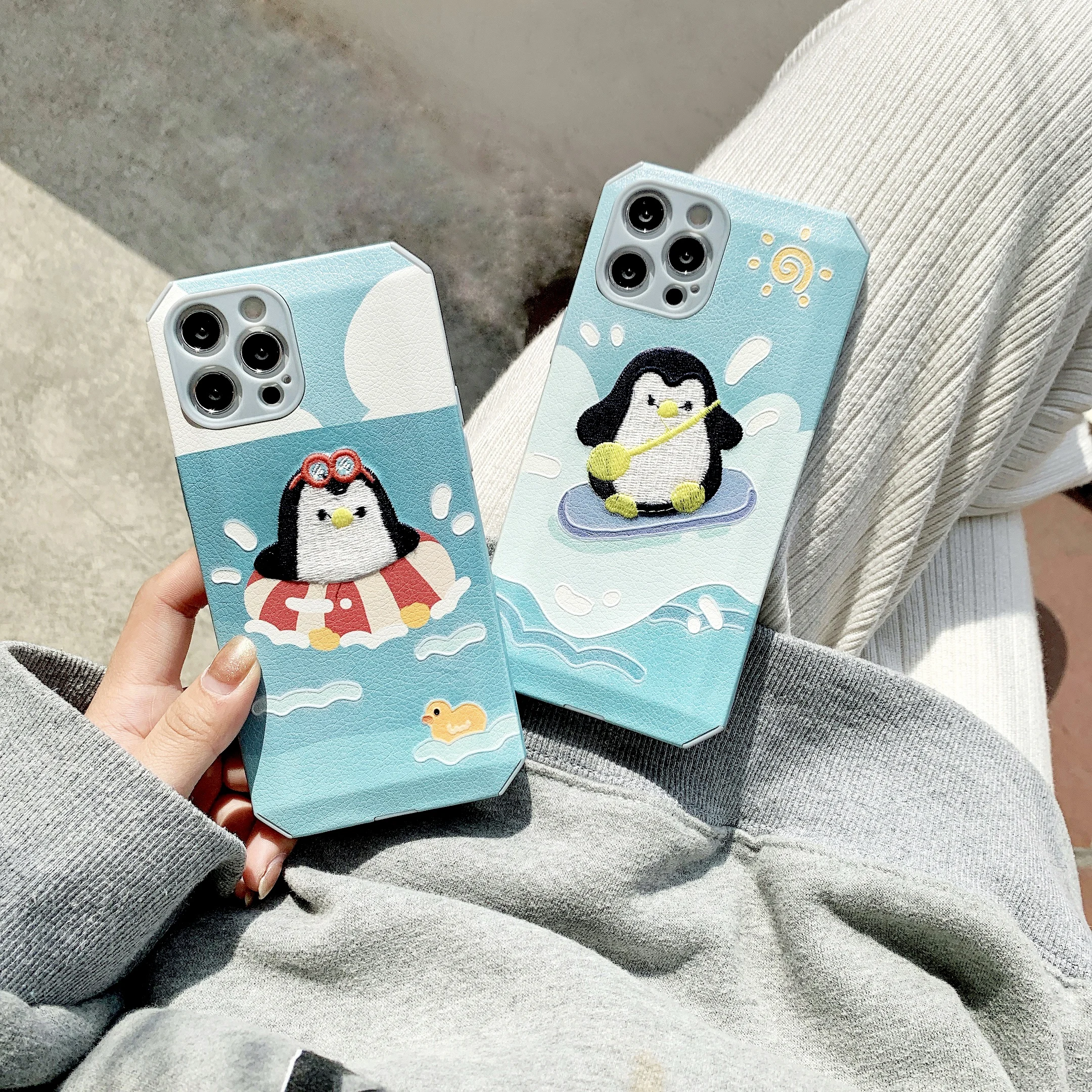 

Jelly embroidery-penguin surfing for iPhone 12 Pro mobile phone case 11 7 8 plus x xs max xr mini case