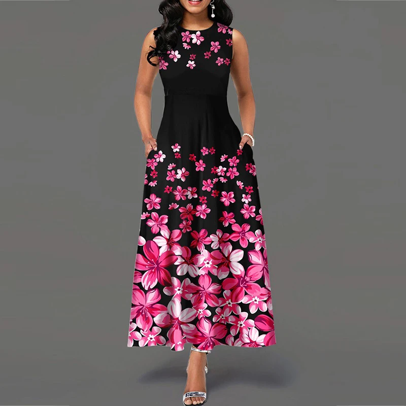 Платье женское весеннее без рукавов, с цветочным принтом, круглым вырезом и высокой талией Платье женское весеннее без рукавов, с цветочным принтом, круглым вырезом и высокой талией