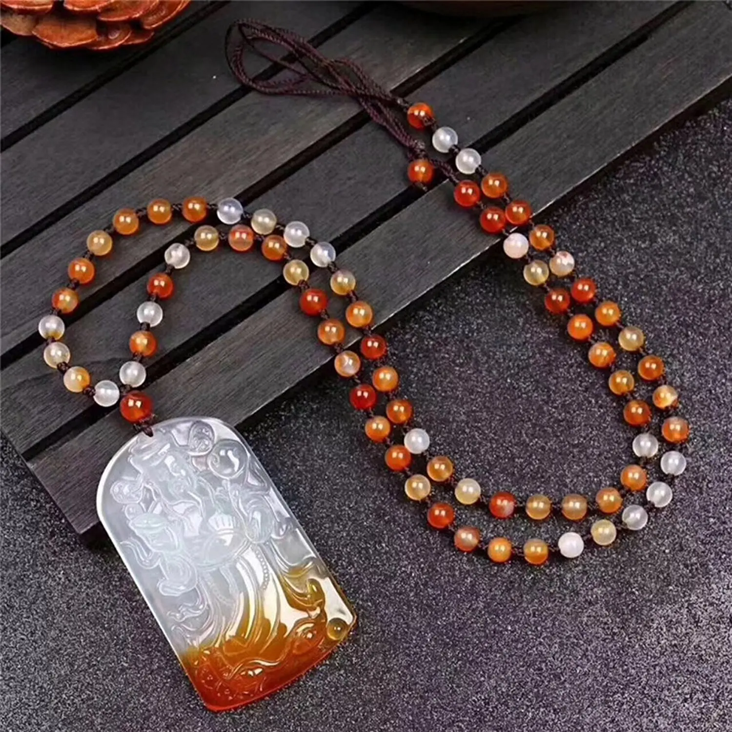 

LETSFUN Fine Jewelry Natural Ice Agate Chalcedony Wealthy Pendant Red and White Color Fortune God Jade Pendant Necklace