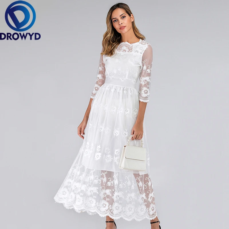 Женское винтажное кружевное платье-макси DROWYD Белое Облегающее Платье в стиле