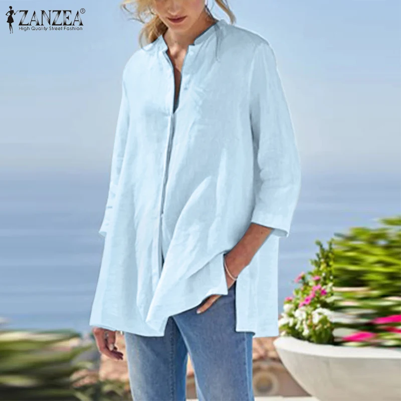 

ZANZEA Summer Casual Cotton Linen Blouse Women Elegant 3/4 Sleeve Shirt Vintage Loose Buttons Down Stand Collar OL Tops Female