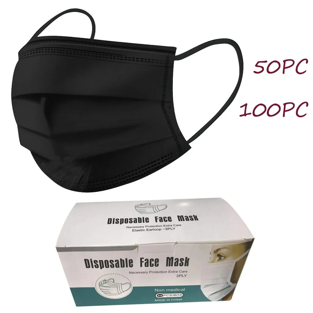 

100/50Pcs Black Disposable Mask Mascarilla Mascarar 3ply Non-woven Melt-Blown Ear Loop Halloween Cosplay Masque Mondmasker