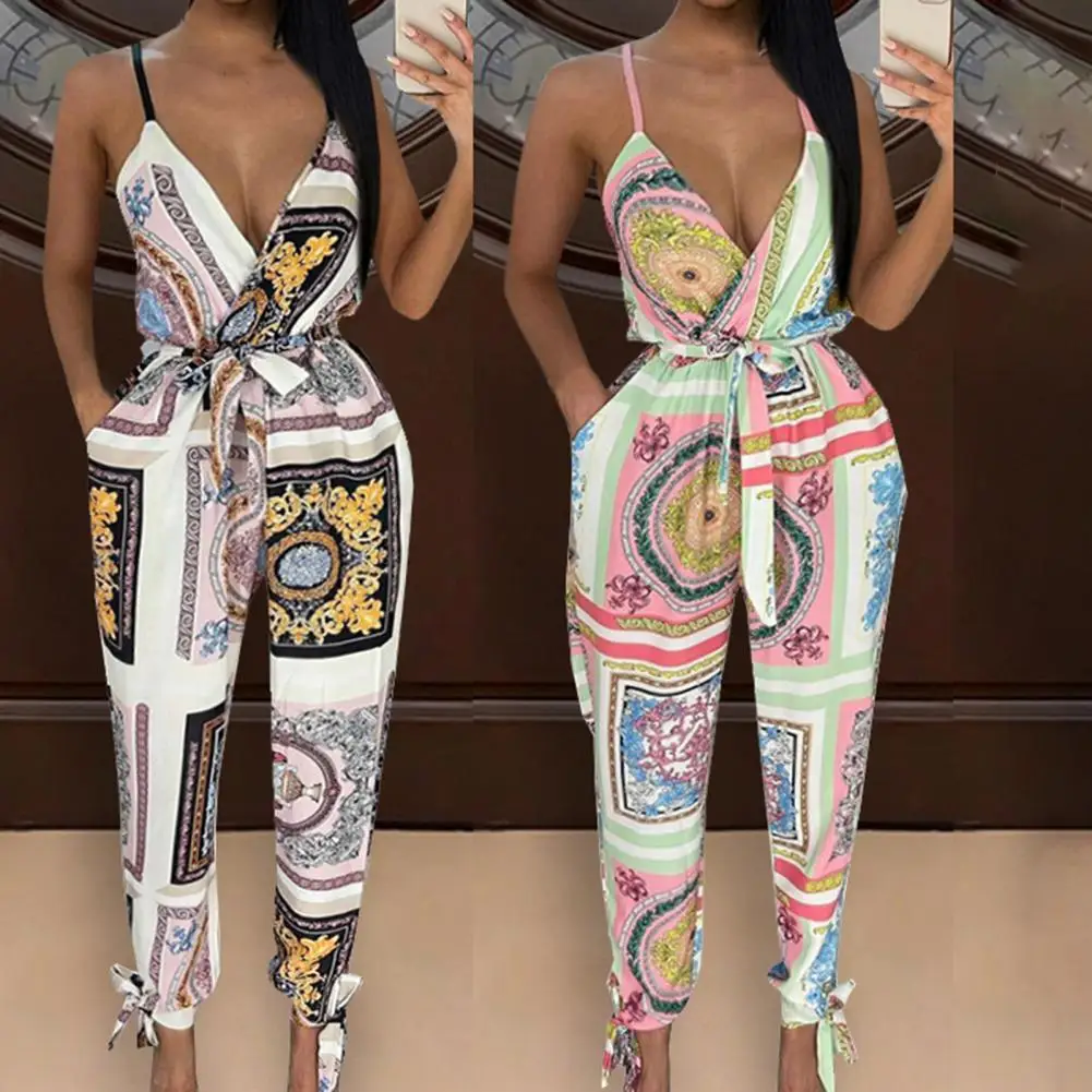 

New Cropped Jumpsuit Ethnic Print Spaghetti Strap Women V Neck Waist Tied Ankle Tied Jumpsuit for Vacation