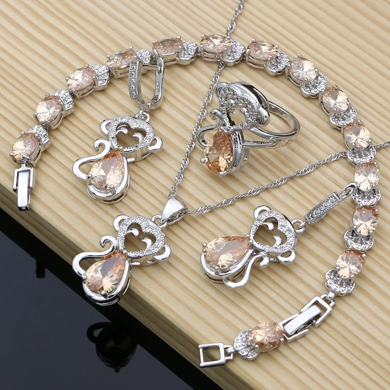 Monkey 925 Silver Bridal Jewelry Champagne Zircon Jewelry Sets For Women Earrings Sets Birthday Gifts