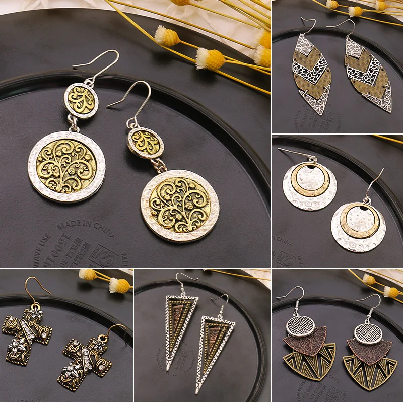 

Trendy Bohemian tribe Vintage Geometric Design with Ethnic pattern hallow Out Drop Earrings for Women Gift
