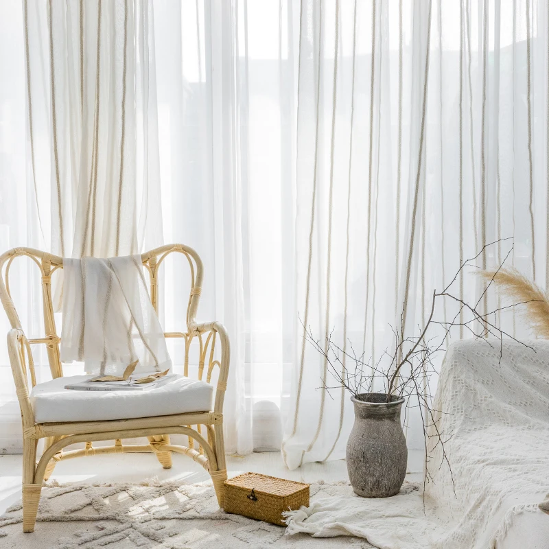 Japanese type contracted stripe linen yarn curtains living room gauze shade kitchen bedroom sitting curtain | Дом и сад