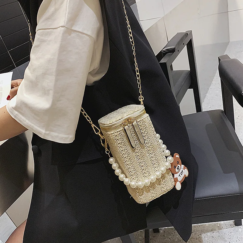 

Hot Sale Mobile Phone Chain Small Bags Female Messenger Straw Woven Bag Vacation Leisure Pearl Woven Beach Bags