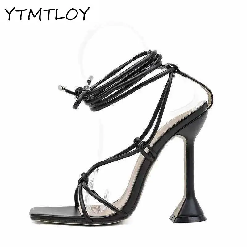 Summer Women's Shoes Sandals Basic Pu Fashion Cross-tied Spike High Heels Lace Party Pump Size 35-43 Black White Apricot | Обувь