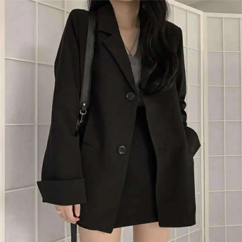 

2021 New Fashion Blazer For Women Long Style Black Suits Coat Chic Outerwear Blaser Long Sleeve Korean Version black jacket