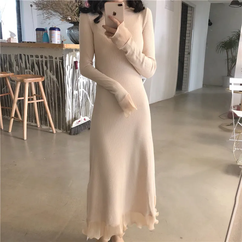 

Женское вязаное платье, сезон осень-зима 2021, плотный однотонный пуловер с высоким воротником и кружевными оборками, облегающее трикотажное ...