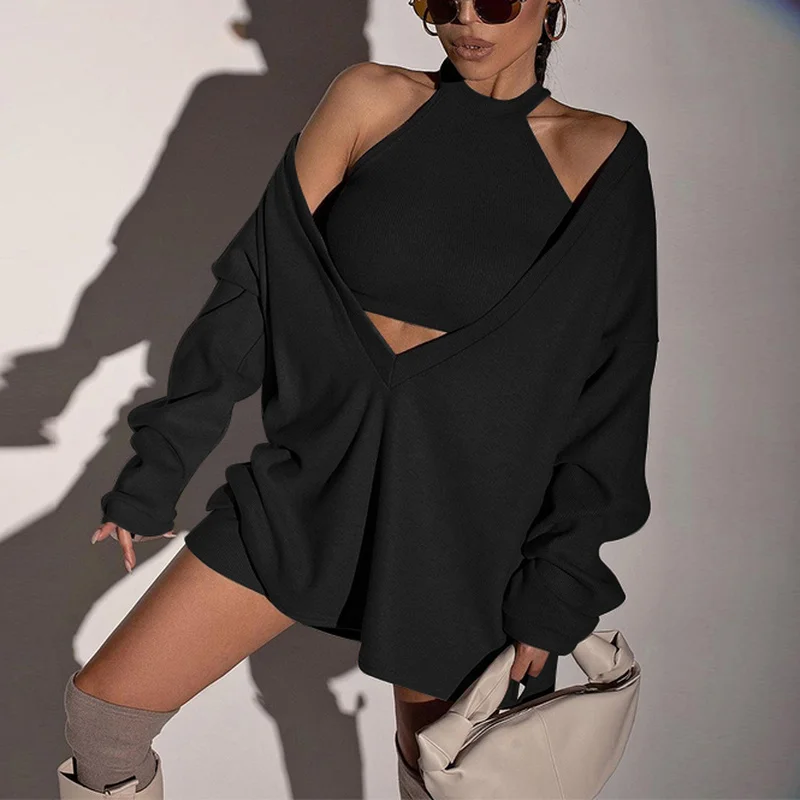 New 2021 Autumn Fashion Suit Long-sleeved Sportswear Solid Color Sexy Vest V-neck Long-sleeved Loose Pullover Two-piece Women