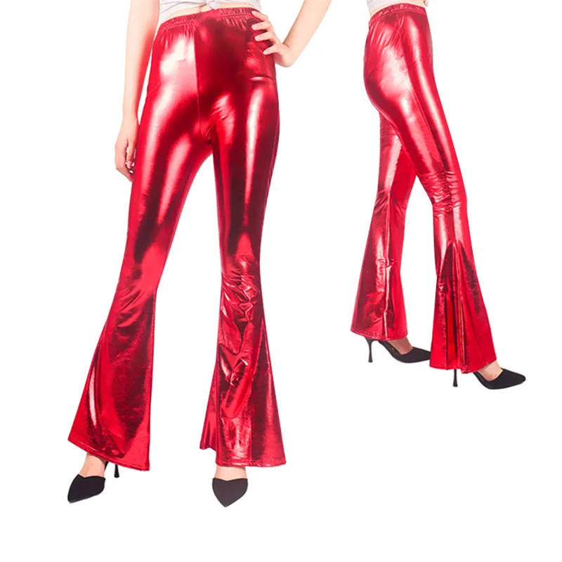 

Women Leather Metallic Long Pants Slim Elegant High Waist Flare Pant Girls Bodycon Shiny Holographic Flare Skinny Trouser Party