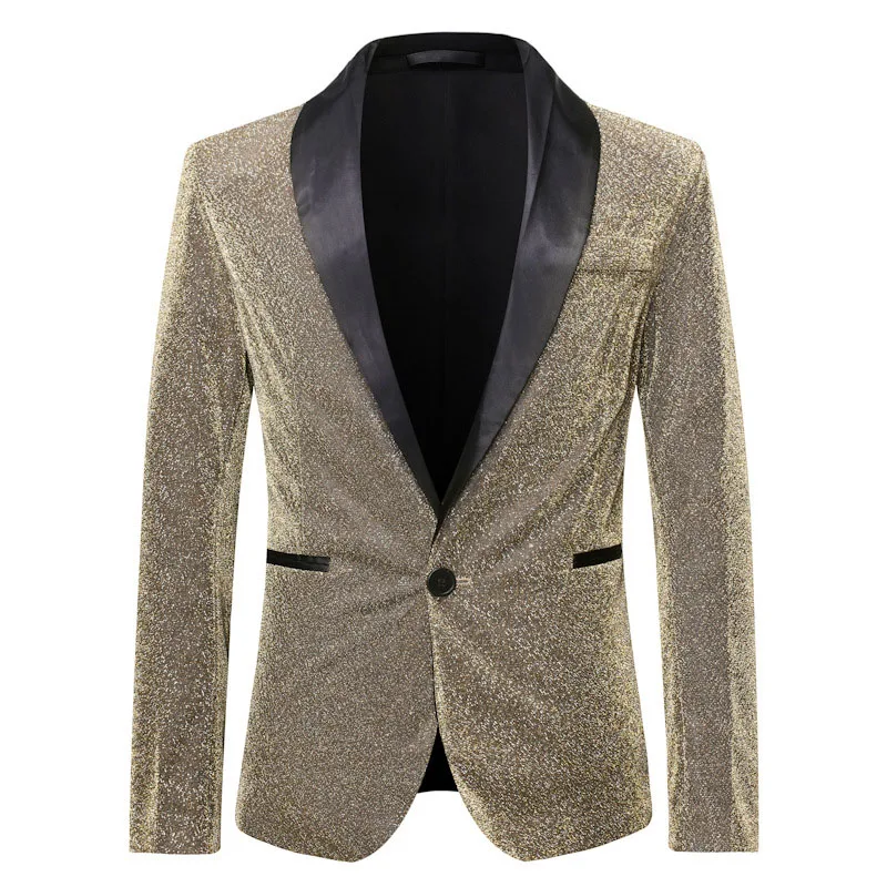 Роскошный Золотой блестящий Блейзер Masculino Slim Fit шаль воротник мужской Блейзер Куртка DJ клубный Мужской Блейзер Свадебный сценический костюм певцов
