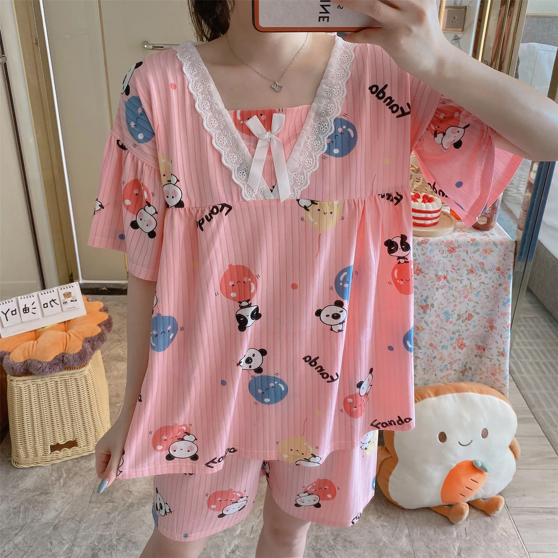 

Two Piece Set Summer Pajamas For Women Short Sleeve Lace Cute Cartoon Home Clothes Suit Woman Night Sleepwear Pyjamas Wholesale