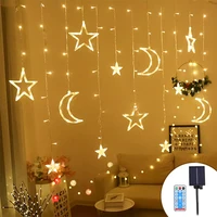 138led solar powered curtain lights twinkle star moon window string lights with remote control for christmas holiday decoration