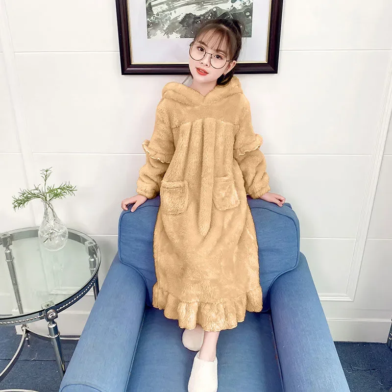 

Teen Girls Pajamas Velvet Hood Fall/winter Big Children's Flannel Nightdress Kids Tracksuit Coral Fleece Nightgown for Baby Girl