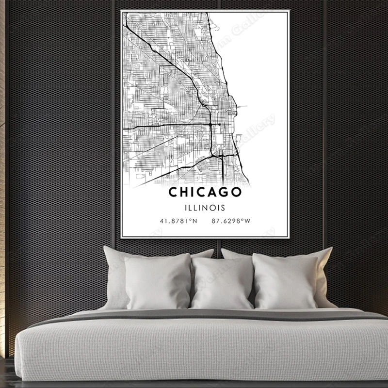 Black and White City Map The Chicago Poster HD Print Wall Art Canvas Nordic Landspace Painting for Home Decor | Дом и сад