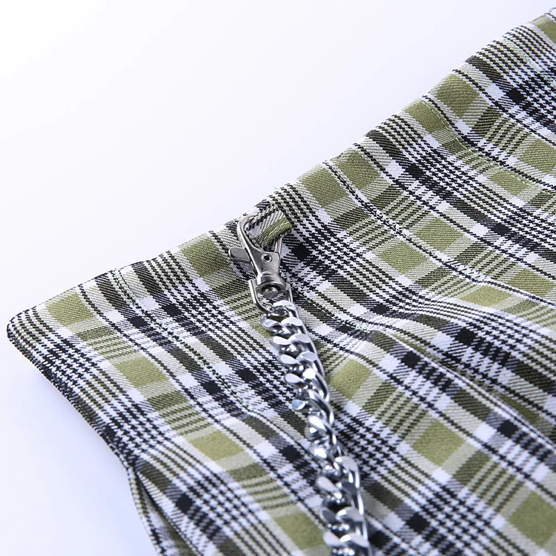 

Plaid Mini Pleated Skirt for Girls High Waist Harajuku Women Skirts Fit Preppy Style Chain Decorate Woven Irregular Summer 2020