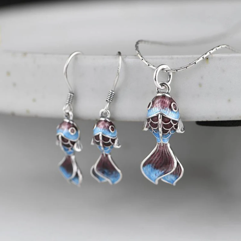 

New silver retro Jingtai blue enamel fish Earrings Pendant Necklace Chinese classical elegant charm women's jewelry