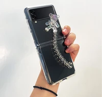 fashion diy super cute laser bear pendant crystal wrist chain case for samsung galaxy z flip 5g 4g 3 shockproof clear case cover