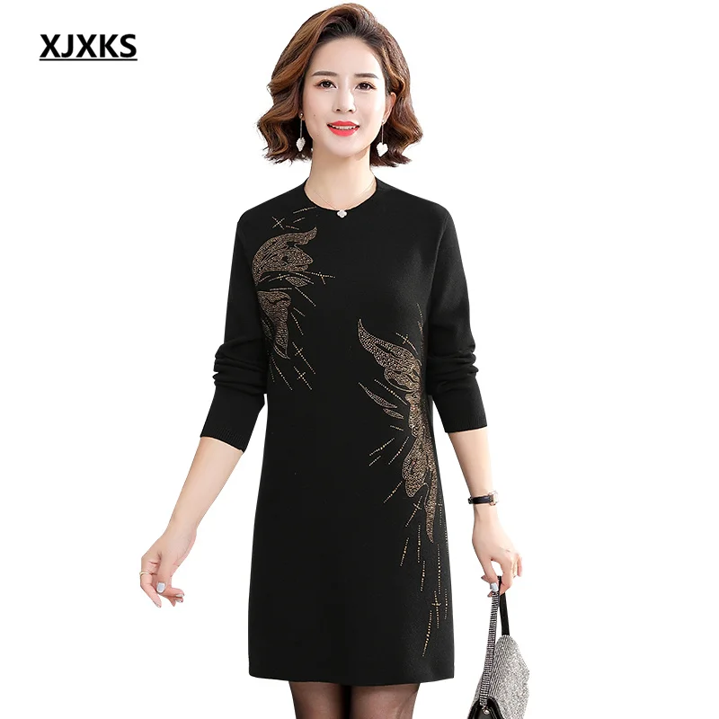 

XJXKS изысканный женский длинный свитер со стразами 2022 Осень-Зима Новое высококачественное шерстяное вязаное платье Женский пуловер