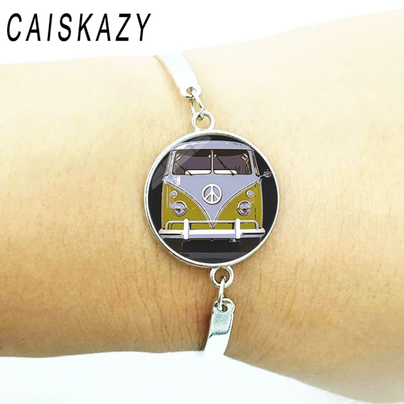 Креативный винтажный Hippie PEACE ЗНАК автобус стеклянный купол браслет из кабошона