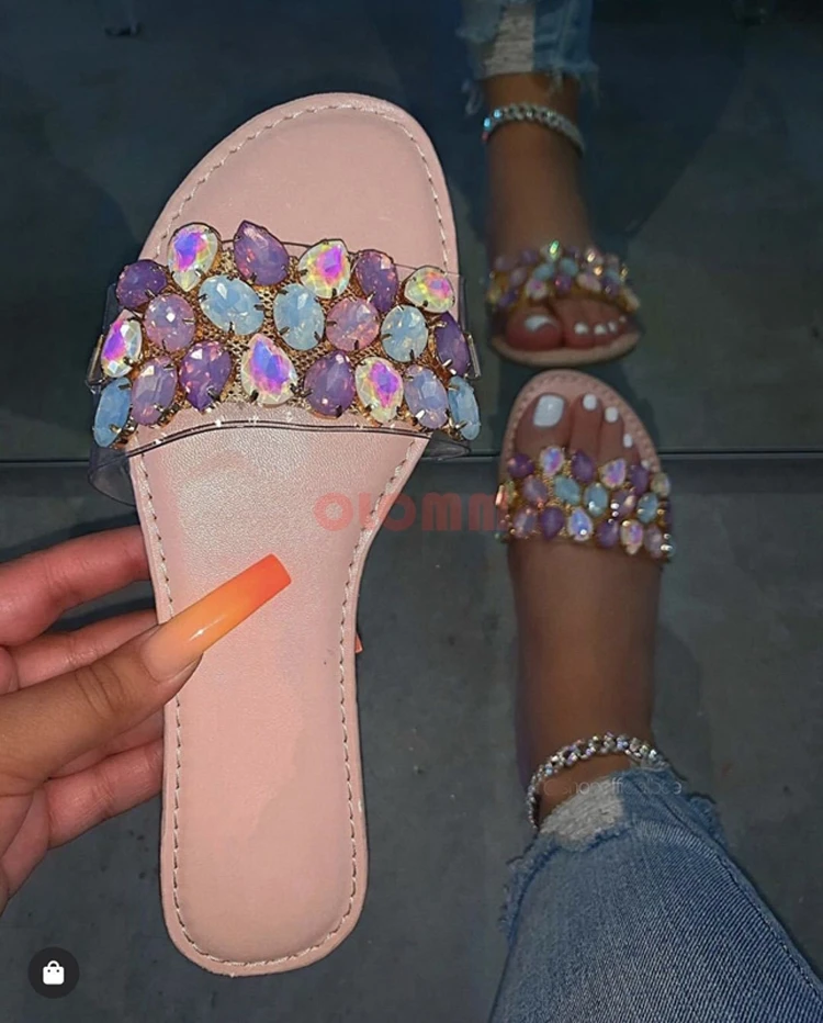 

Hot 2021 Women Shoes Women Sandals Open Toe Flat Slippers Summer Rhinestone Outdoor Fashion Plus Size 42