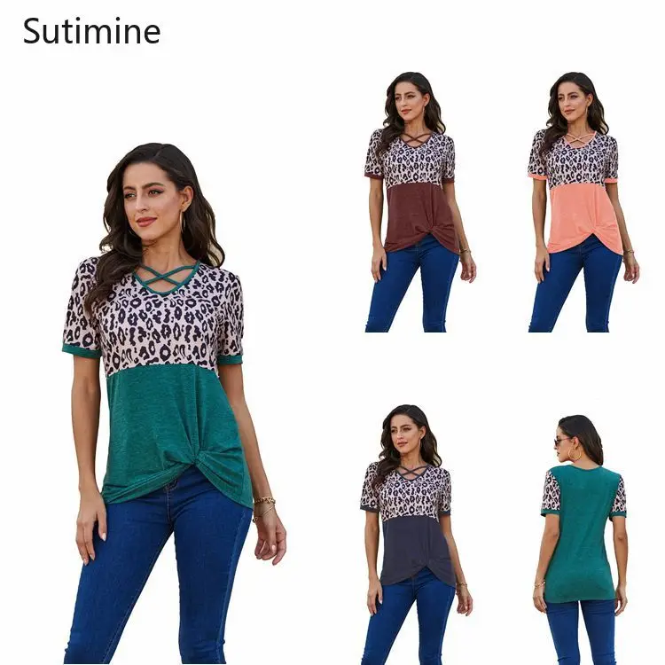 

Sutimine 2021 Summer T Shirt Women Leopard Patchwork T-Shirt Elegant Soft Hot Sale V-neck Casual Short Sleeve Oversized T-shirt
