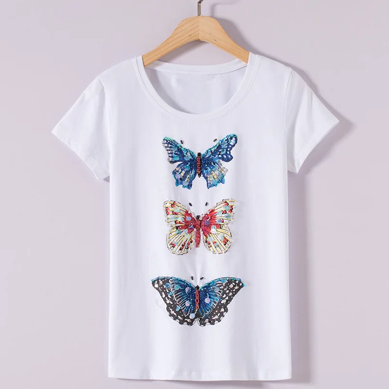 Женские хлопковые футболки Стразы с бусинами бабочками и блестками женские