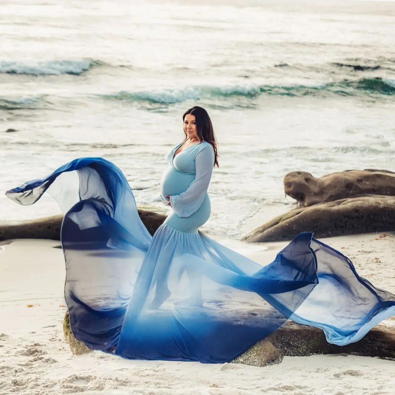 

Gradient Maternity Dresses with Long Sleeves Women Photo Shoot Props Maternity Photography Tulle Gown Costume Bridal Bathrobe