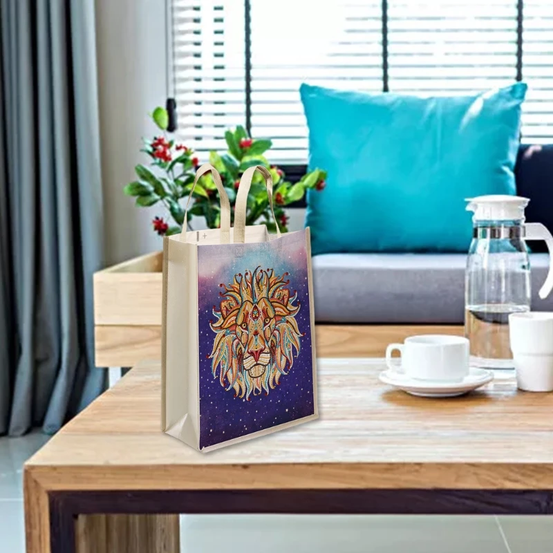 

066F Luminous Lion 5D DIY Resin Painting Tote Bag Reusable Grocery Bags Fashionable Shopping Daily Organization Art Handbag for