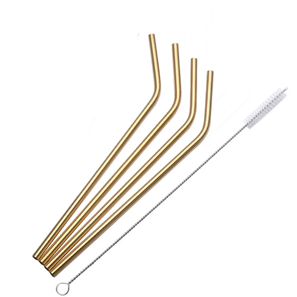 4pcs gold Аксессуары для бара, портативная складная многоразовая щетка для чистки, металлические стальные соломинки для питья, вечерние, изогнутые, для путешествий, силиконовый чехол - Цвет: 4pcs gold