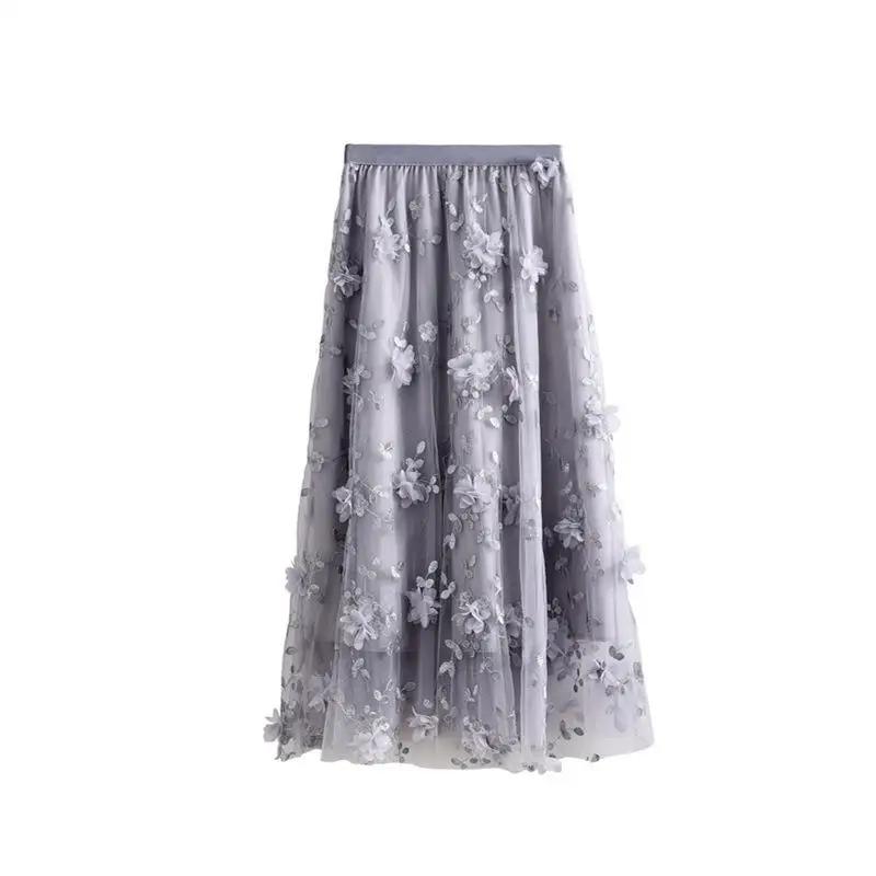 Женская сетчатая юбка с цветочной вышивкой Повседневная Длинная Однотонная