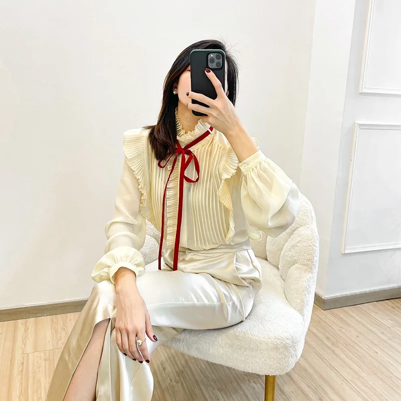 

Silk High Quality Blouses 2021 Spring Summer Shirt Women Ruffled Collar Bow Deco Long Sleeve Elegant Tops Shirt Female Blusa